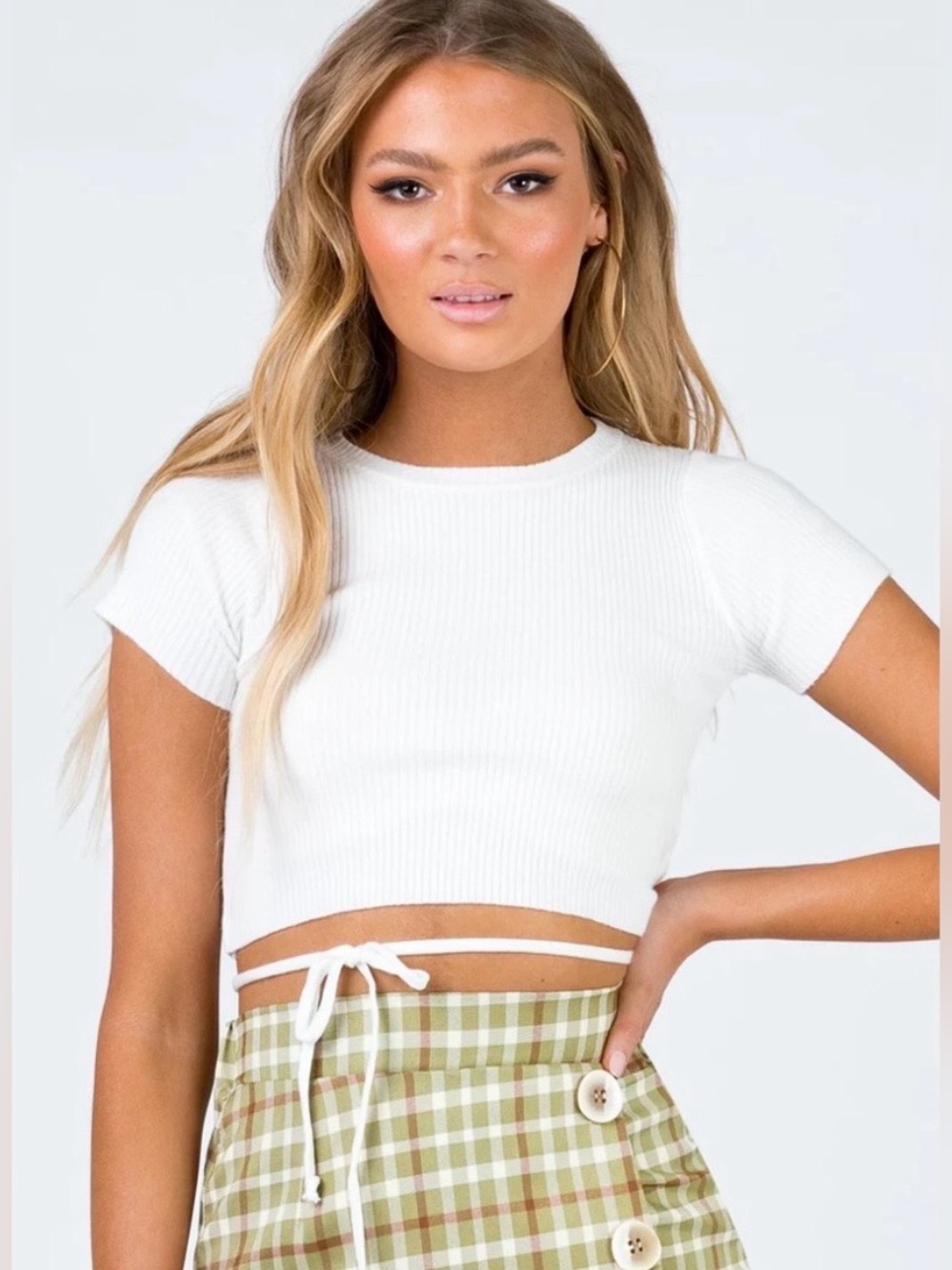 Princess Polly Anita Crop Top Tee White Ribbed Fitted Short Sleeve US 2 NWT - Picture 4 of 16
